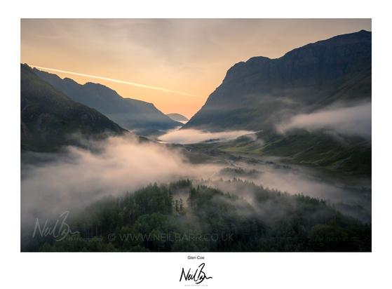 Mist flowing down Glen Coe whilst looking up the glen from above Signal Rock at sunrise.