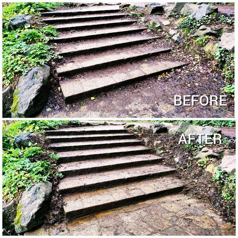 Before and after shots of some outdoor steps. The mulch and mud had been cleared off in the after shot.