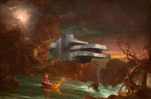 t coles voyage of life manhood shows a man on a bark praying. the bark is bound for troubbled waters as it flows toward a rocky passage

f.l. wrights falling water kaufmann villa has been shopped on these rocks