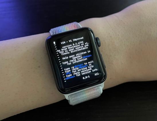 apple watch running (or, showing a mockup image of) the vim welcome screen