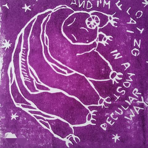 Linocut print, tardigrade floating among the stars, white lines on the purple background, letters saying "and I'm floating in a most peculiar way" (Major Tom lyrics, Bowie)