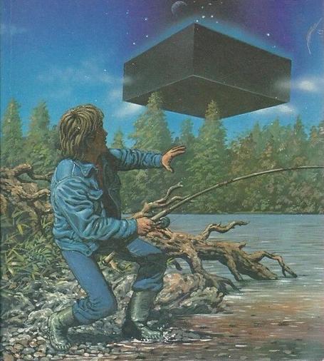 Drawing of a 70’s-style looking dude fishing in a river as a giant black box descends from the sky—the guy’s turning to look at the box with a fearful/shocked expression.