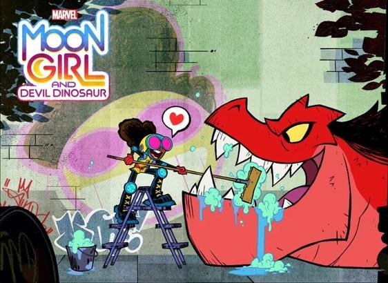 Moon Girl (Lunella Lafayette) brushes the teeth of her sidekick Devil Dinosaur (a red T-Rex). Behind her, a brick wall sports graffiti with her stylized face. In the corner is the logo for the show, reading “Marvel Moon Girl and Devil Dinosaur.”