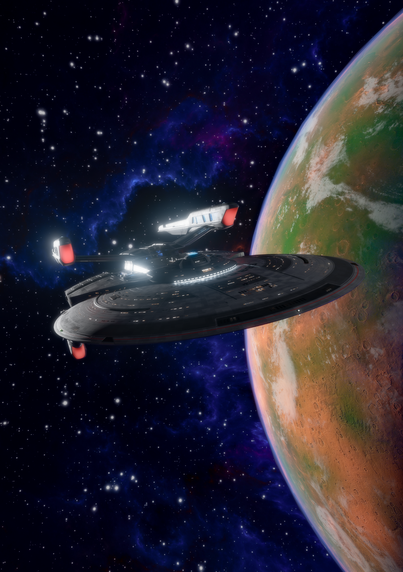 USS Stargazer (Star Trek: Picard version) in orbit around a red-green planet, subtle blue nebulae in the starry baclground.
