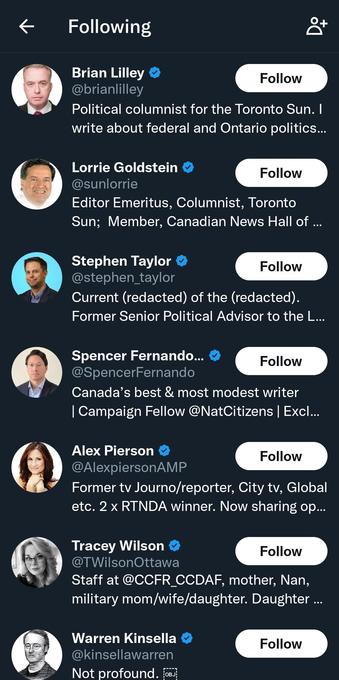 A list of who the guy is following, including Toronto Sun personalities and general fash.