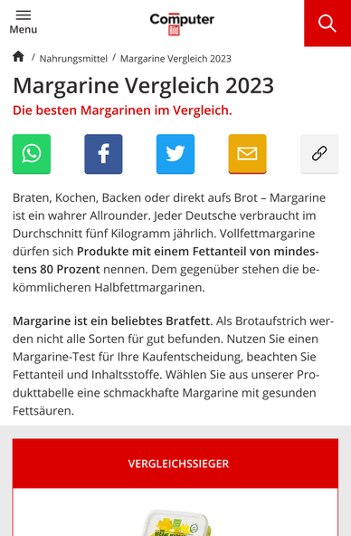 Screenshot der mobile Darstellung von computerbild.de das den Computerbild Margarinevergleich 2023 mit etwas SEO-Text zeigt