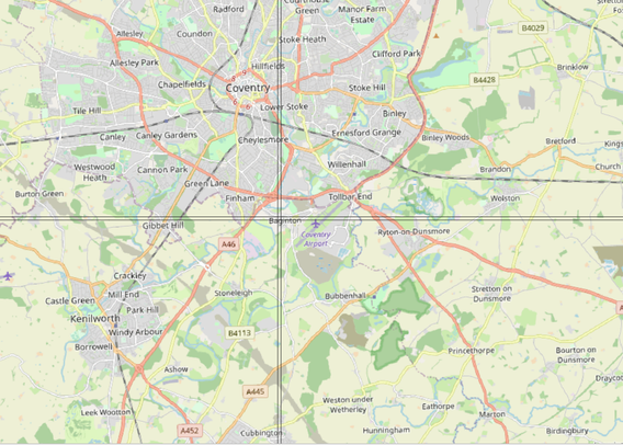 Larger scale map of GB population centre of mass on Holly Walk in Baginton, Coventry, in the West Midlands