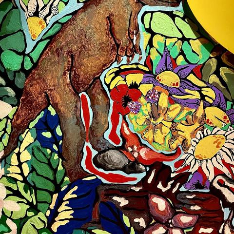 A mural with a brown dinosaur T. Rex amid colourful foliage and flowers, painted with fluidity