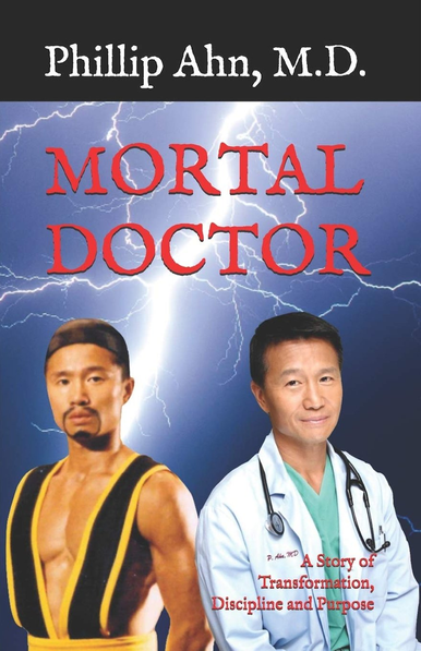 The English book cover for Mortal Doctor by Phillip Ahn, MD. The background is a dark sky with a bright lightning flash - akin to the game - and in the foreground are two figures. On the left - Shang Tsung from Mortal Kombat II. On the right - a doctor. Both are the same man.