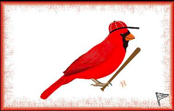 Our cardinal mascot is playing baseball, wearing a baseball hat and holding a baseball bat with a baseball nearby.