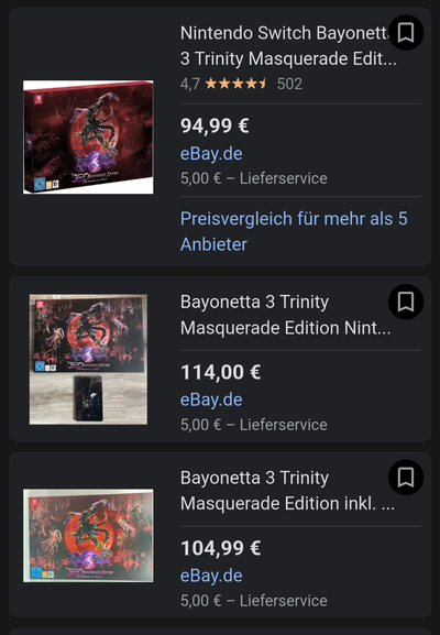 Eine Liste mit Angeboten der CE von Bayonetta 3