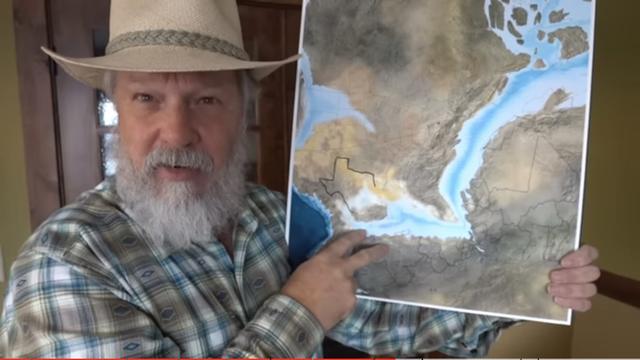 Myron Cook holding a Blakey paleogeography map of 170 million years ago showing the Pangaea supercontinent with initiated rifting in the area that would become the gulf of Mexico with the outline of Texas where it would be today. The restricted seaway caused the evaporation and concentration of salt that precipitated to form salt bodies thousands and thousands of feet thick.