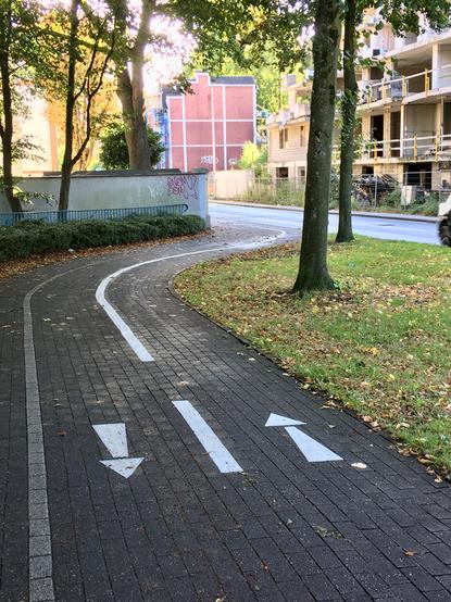 Zu sehen ist eine Fahrrad-Weg-Markierung mit Mittellinie und entgegesetzten Pfeilen auf dem Zweirichtungsradweg am Übergang vom Ruhrufer zum Kassenberg, vor und hinter der Rechtslinkskombination; Foto: Valerie Renken; FotoZeit: 2022-KW39