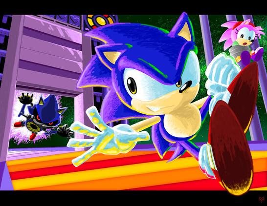 A scene from Sonic CD where Sonic beats Metal Sonic in a race and rescues Amy Rose, done in Photoshop.