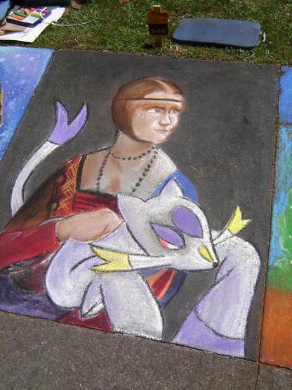 A sidewalk art piece depicting a rendition of da Vinci's "Lady with an Ermine" rendered in chalk, except that the ermine in this case is the 5th generation Pokemon Mienshao.