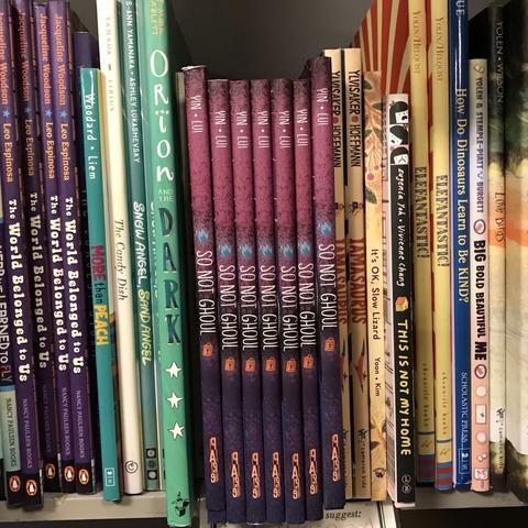 Photo closeup of several copies of my pink-and-purple-spined book on a bookshelf, surrounded by other children’s books.