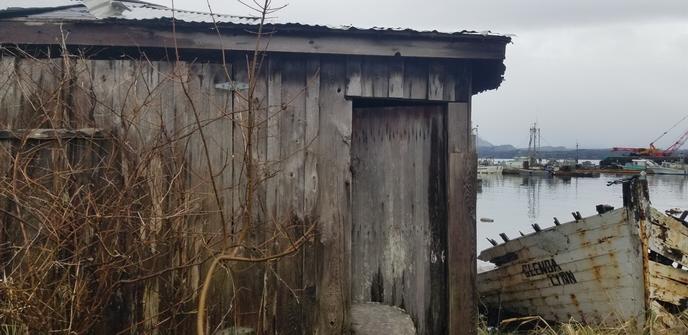 Abandoned, decaying boat shed & old fishing boat wreck.  Boat name says: Glenda Lynn.