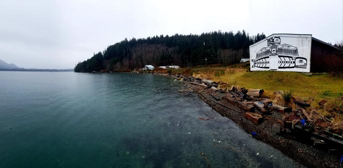 On the right, the Namgis Nation longhouse with some houses in far background & ocean on the left.
