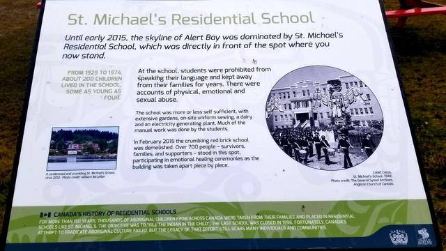 An educational plaque, about the site. It was former site of St. Michael's residential school. In February 2015 was demolished. Over 700 people - survivors, families & supporters - stood in the spot where plaque is now, taking part in emotional healing ceremonies as the building was taken apart.