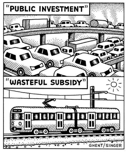 Upper image: Crowded, smog-ridden motorway with caption "Public investment"
Lower image: Train with caption "Wasteful subsidy"
