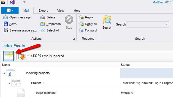 Screen shot showing location of MailDex 'create project' button.