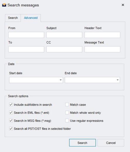 Screen shot showing advanced email search functions.