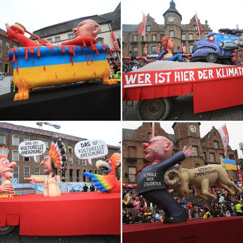 Ein Mottowagen zeigt Putins „Blutbad“ in der Ukraine. Putin badet in einer Wanne voller Blut. Ein Wagen zeigt einen Klimakleber, der vor einem großen bedrohlichen Auto sitzt, dass viele Abgase ausstößt. Ein Wagen behandelt das Thema kulturelle Aneignung. Ein amerikanischer Ureinwohner wird von einem Vogel der Aneignung von Federn beschuldigt. Ein Wagen zeigt Kanzler Scholz als Zauderer, der angeschoben werden muss.