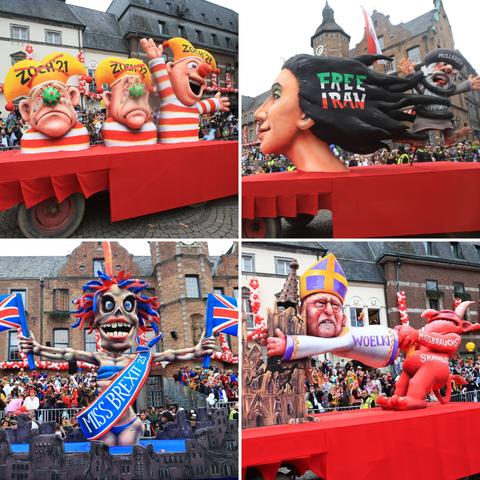 Ein Wagen zeigt drei Narren. Zwei sind wegen Corona krank, der dritte freut sich, dass wieder Karneval gefeiert werden kann. Ein Wagen hat die Proteste im Iran als Thema. Zu sehen ist eine Frau mit wehenden Haaren. Ein Wagen zeigt den Brexit und Großbritannien als Skelett. Ein Wagen beschäftigt sich mit dem Missbrauchsskandal der katholischen Kirche. Kardinal Woelki wird vom Teufel aus dem Dom gezogen.