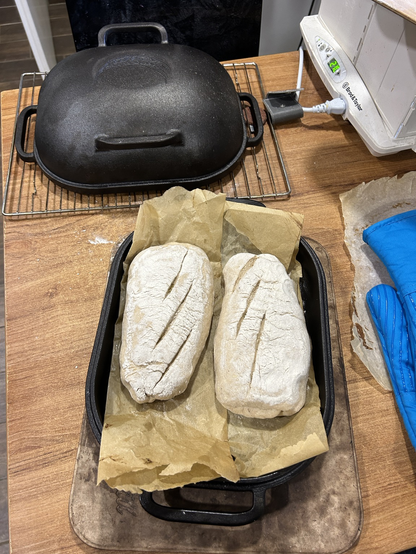 The two pieces of dough, in the very hot pan I just got out of the oven. The dough has just finished its last 40 minutes of proofing, and each dough has three 'air' slashes on top. Also on the right, almost out of the frame: my new heavy duty oven knits. This quite heavy cast-iron bread pan needs careful handling, or better: gloving.