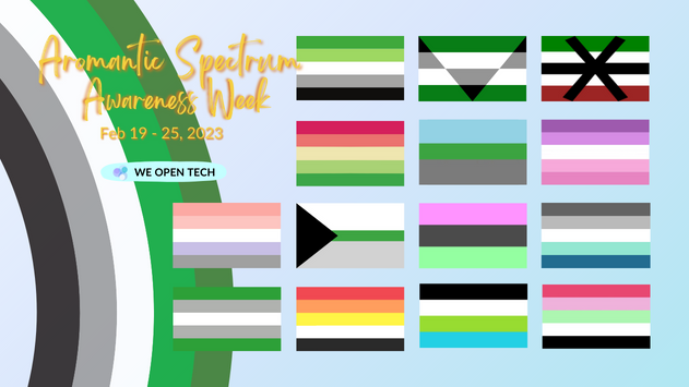 Aromantic Spectrum Awareness Week. Feb 19 to 25, 2023. We Open Tech. 14 different aromantic spectrum pride flags.