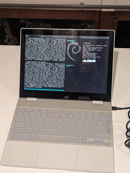a white Pixelbook with 2 windows open. on the left is the crosscompilation of the Linux 6.2 and on the right is a terminal running Neofefch. Neofefch is showing that it's running ChromeOS.