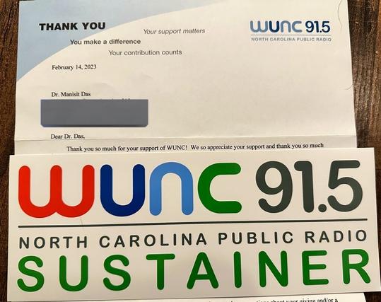 A note acknowledging support for WUNC 91.5 FM