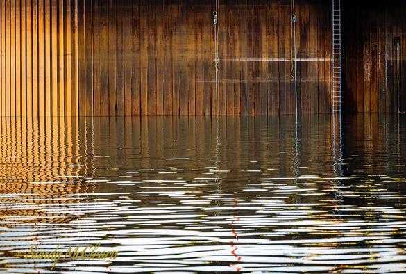 Rusty orange sheet piling with a chain ladder reflecting on flat but rippled water.