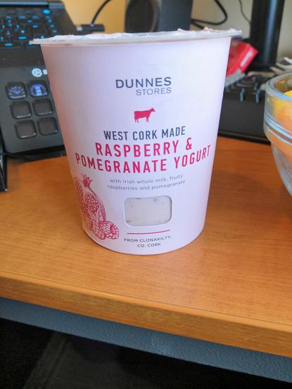 A tub of Dunnes Stores own brand Raspberry and Pomegranate Yogurt.