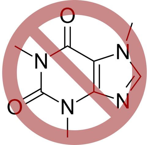 A simple graphic showing a representation of a caffeine molecule with a red "no" symbol overlayed.