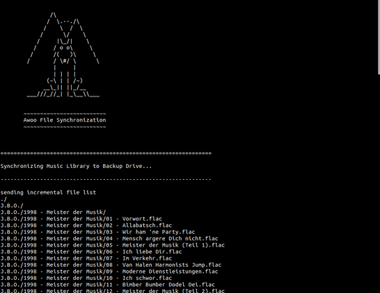 A screenshot of a bash terminal shows an rsync-based script that synchronizes files between a few different locations.  The example script shows J.B.O.'s album "Meister der Musik" being copied to a backup drive.  An ASCII wolf at the top of the screen is above the title "Awoo File Synchronization."