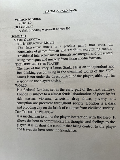 Game overview, from design doc for cancelled 3DO title Of Wolf And Man