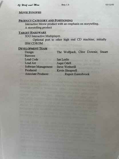 Positioning statement and credits. From design doc for cancelled 3DO title Of Wolf And Man