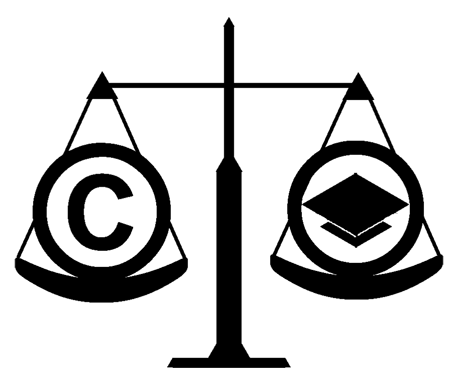 copyright symbol and mortar board on either side of the scales of justice