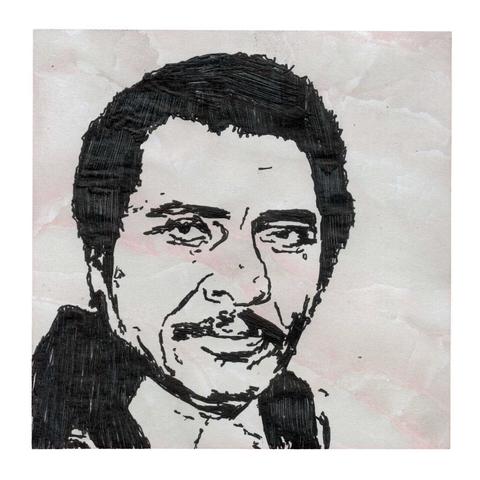 Pen drawing of William Marshall as Blacula drawn on a crystal Post-It Note.