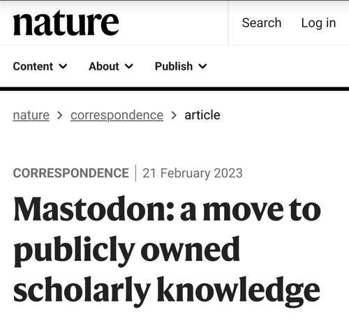 The headline is a correspondence to Nature entitled "Mastodon: a move to publicly owned scholarly knowledge"