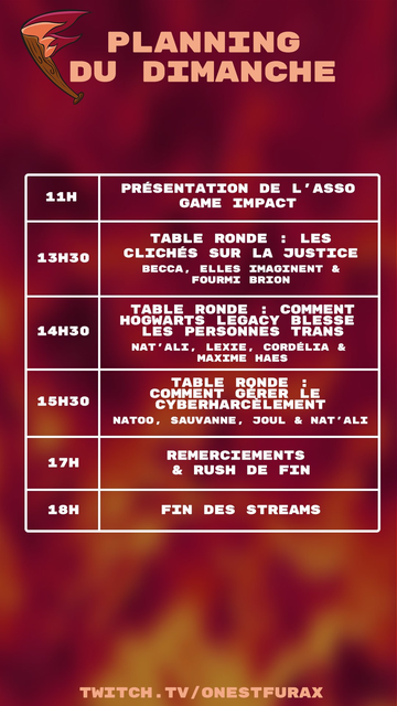 Planning du dimanche

11H : Présentation de l'asso "Game Impact"

13H30 : Table ronde : Les clichés sur la justice (Becca, Elles Imaginent & Fourmi Brion)

14H30 : Table ronde : Comment hogwarts legacy blesse les personnes trans (Nat'Ali, Lexie, Cordélia & Maxime Haes)

15H30 : Table ronde : Comment gérer le cyberharcèlement (Natoo, Sauvanne, Joul & Nat'Ali)

17H : Remerciements & rush de fin 

18h : Fin des streams