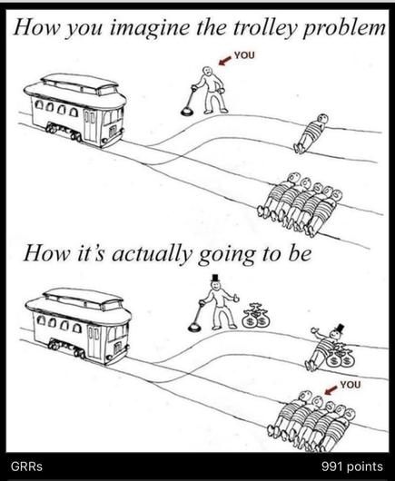 Above: how you imagine the trolley problem: an image with you at the switch

Below: How it’s actually going to be: you on the rails with many people, and the person with the switch being paid by the person on the other track