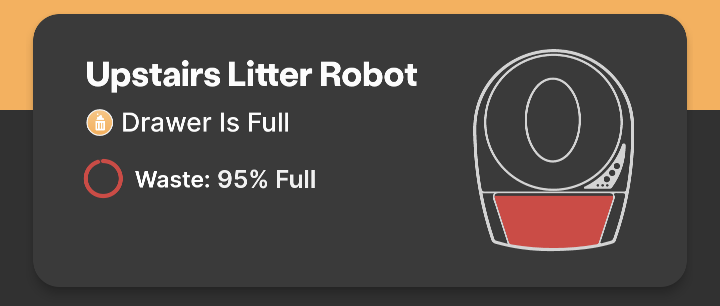 Screenshot of a Litter Robot app showing the waste drawer is full.