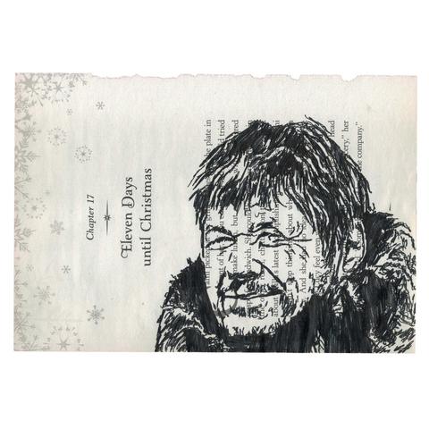 Pen drawing of Charles Bronson wearing a fur jacket drawn on a torn-out book page.