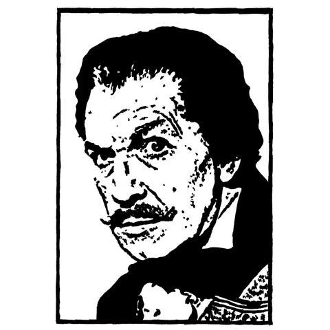 Black and white portrait of Vincent Price wearing an old-fashioned suit with a clunky border.