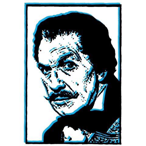 Cyan portrait of Vincent Price wearing an old-fashioned suit with a clunky border.