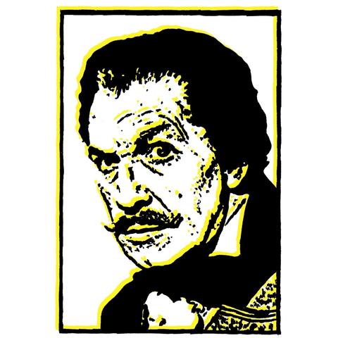 Yellow portrait of Vincent Price wearing an old-fashioned suit with a clunky border.