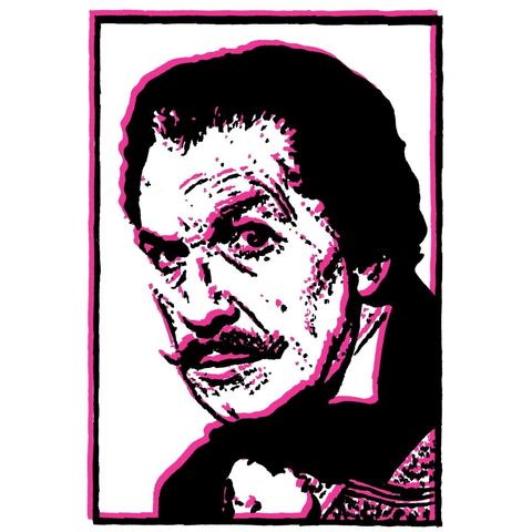 Magenta portrait of Vincent Price wearing an old-fashioned suit with a clunky border.
