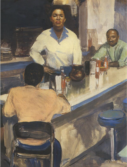Accompanying illustration to "The Thief," from Esquire magazine, July 1995. Illustrated by John Collier, it depicts a Black woman in the center, wearing a white and blue chef's coat, standing behind a diner counter with one hand on her hip and the other holding a coffee pot.  In the foreground, a Black man in a yellow shirt sits at the end of the counter, with his back to the view. At the opposite end, in the background, sits a Black man with a receding hairline and moustache, wearing a green shirt.